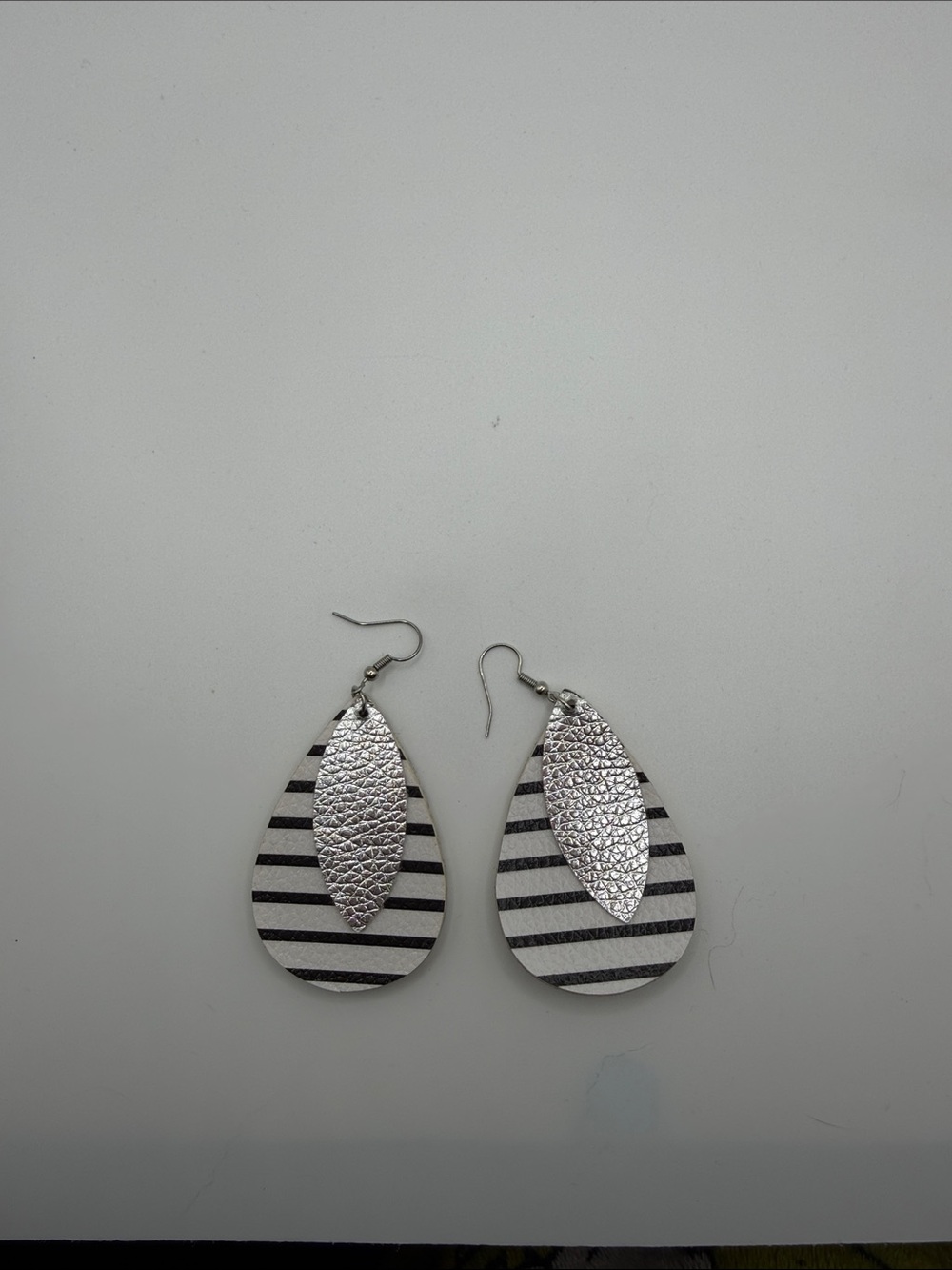 Striped Black & White Teardrop Earrings with Silver Accent - Picture 2 of 3